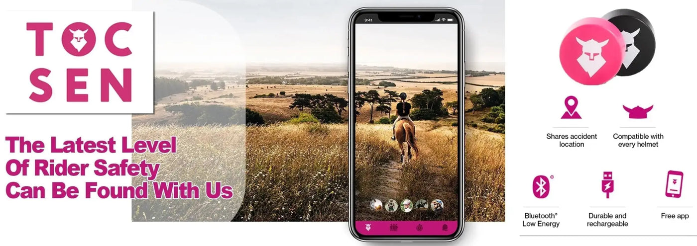 A sleek black smartphone showing a scenic horseback riding image with pink safety app icons for rider safety