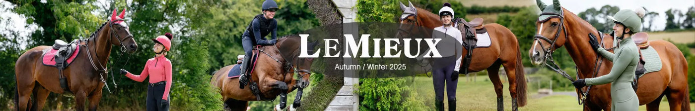 Riders wearing lemieux autumn winter 2025 collection featuring lemieux loire classic quarter zip and isabelle knee boots