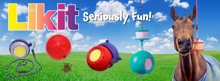 A red and yellow likit horse toy ball with a hanging leash from the likit horse toys and treats collection