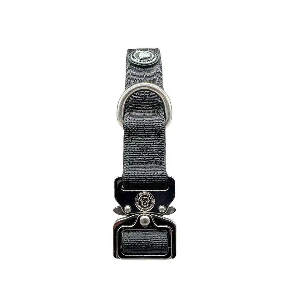 Black nylon btactical collar 2.5cm with silver metal hardware and circular emblem buckle for durable dog use