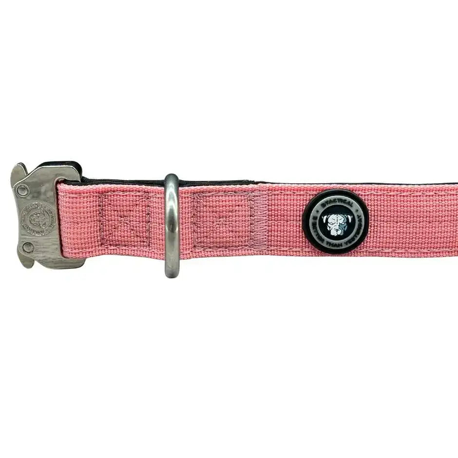 Pink woven nylon btactical collar with silver buckle and black emblem in pretty pink for durable pet use