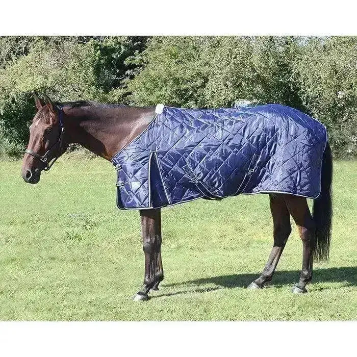 Navy blue quilted 200g stable rugs equestrian king fort premium diamond neck with white trim and reflective patches