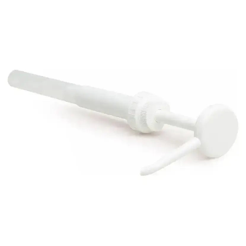 White plastic 4 litre dispensing pump with rounded pump head and textured grip for litre liquid containers shampoos and conditioners