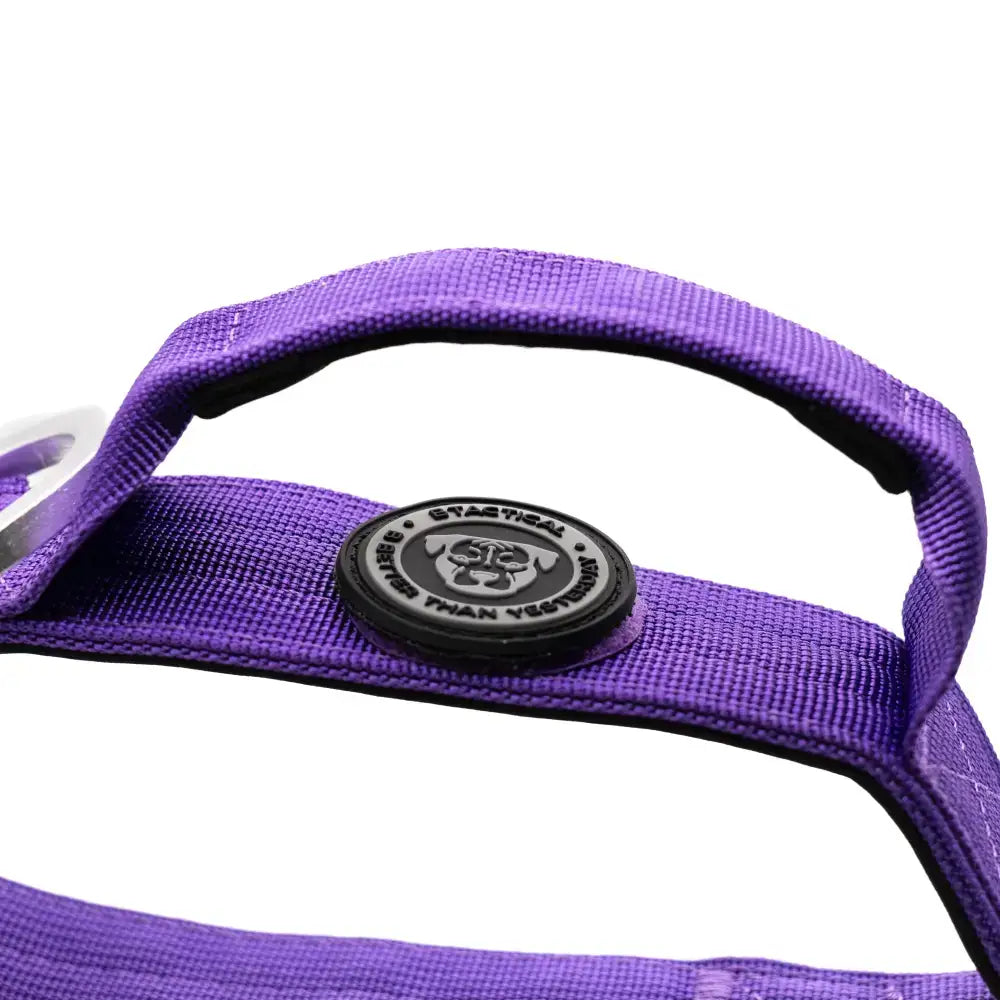 Lavender purple 4cm btactical dog harness with neoprene lining and black rubber logo patch for durable comfort