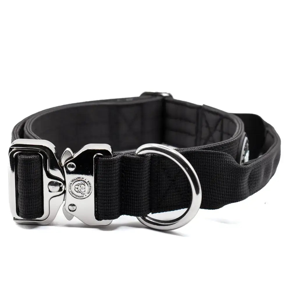 Black 4cm nylon btactical dog collar with sturdy silver metal buckle and d-ring in midnight black color