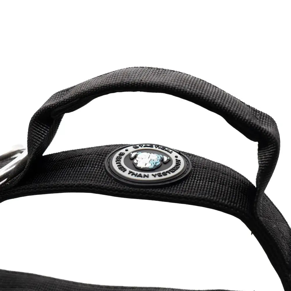 Black woven fabric handle with circular logo patch on 4cm nylon btactical midnight black dog collar