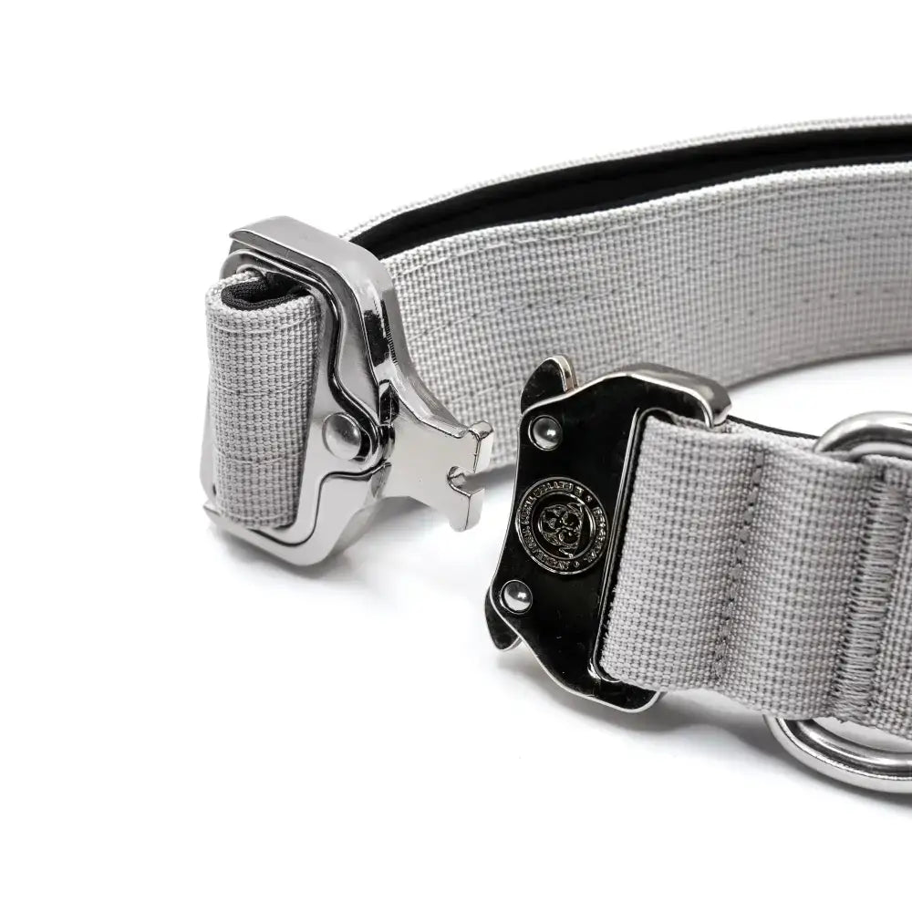 Gray woven 4cm nylon btactical dog collar with silver buckle and black accent plate in misty grey color