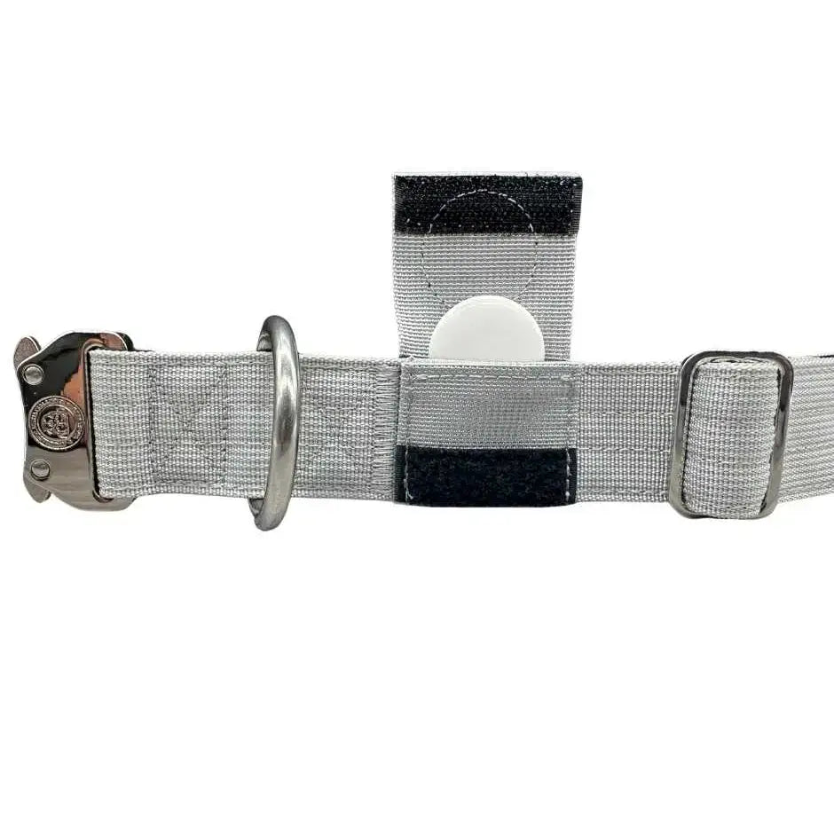 Silver 4cm nylon btactical tracker dog collar with sturdy metal buckle and black velcro patches for adjustable fit