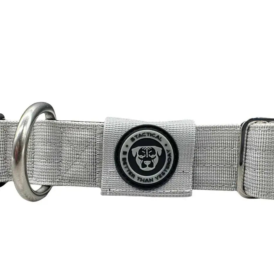 Silver 4cm nylon btactical tracker dog collar in misty grey with black logo featuring better than veterinary text