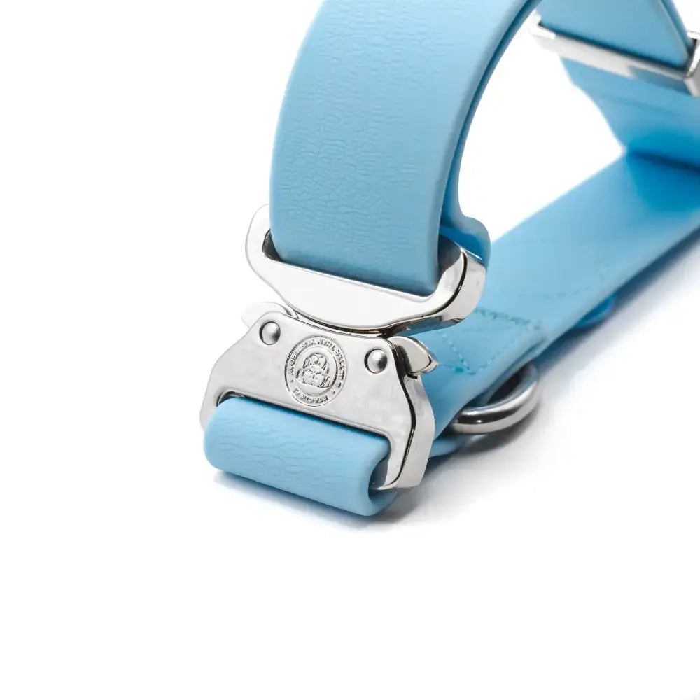 Light blue leather 4cm pvc btactical dog collar with silver buckle and adjustment hardware in pastel blue