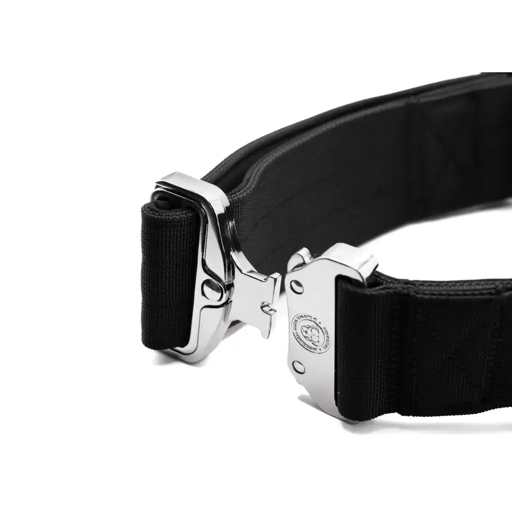 Black 5cm btactical collar with neoprene lining and tactical clip featuring a silver metal buckle and engraved logo