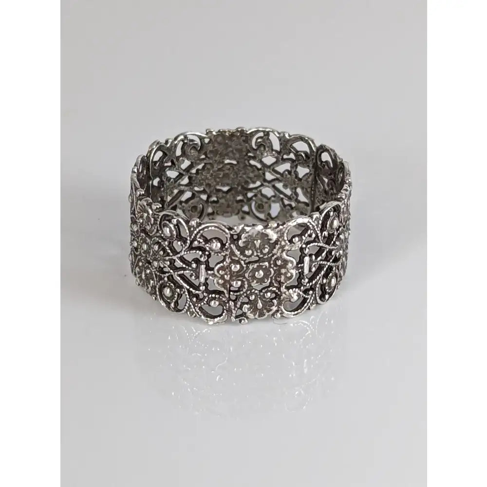 925 silver filigree band with intricate floral scrollwork and small stones, an artisan ring of timeless elegance for him and her
