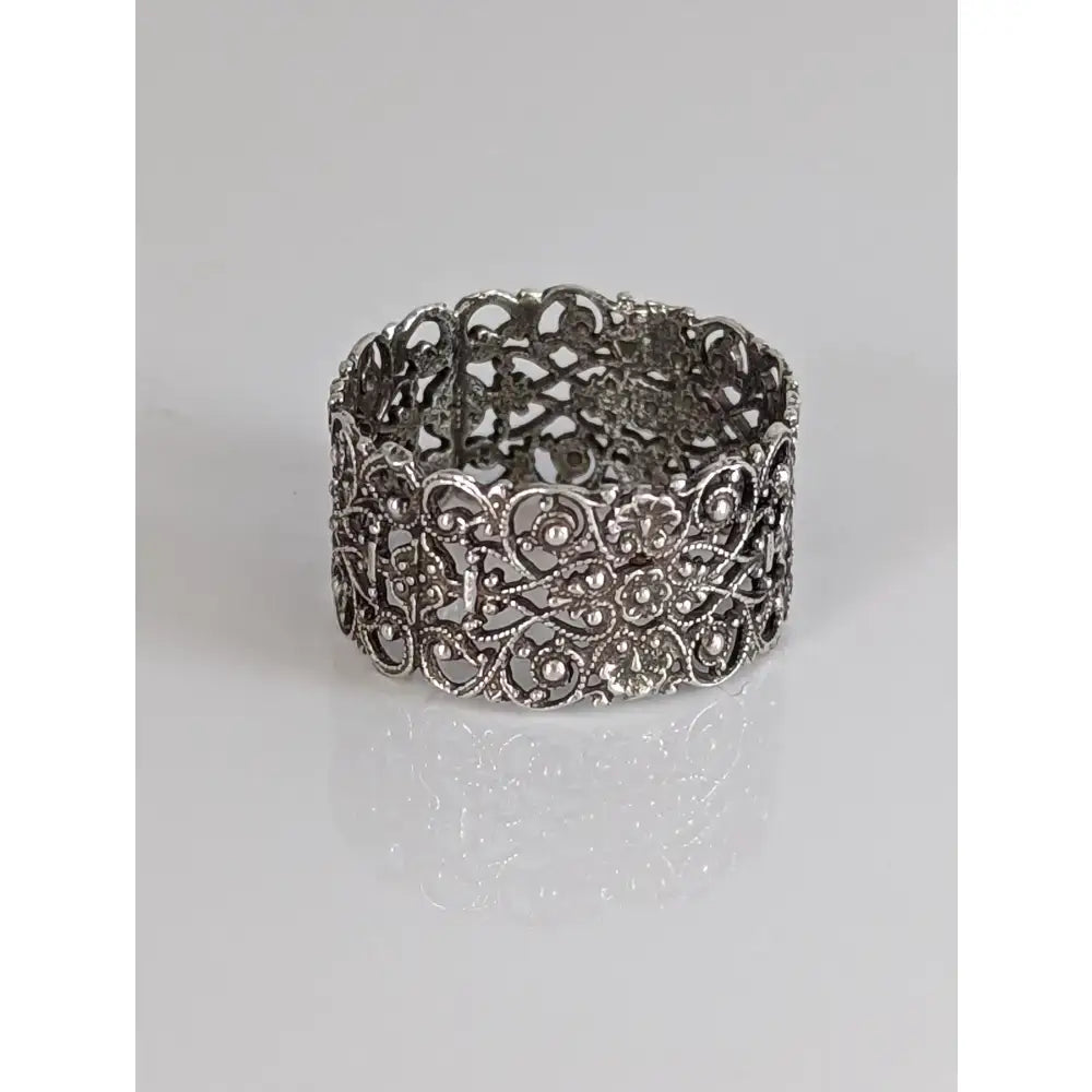 Silver filigree band with intricate floral scrollwork in 925 silver artisan ring for him and her timeless elegance