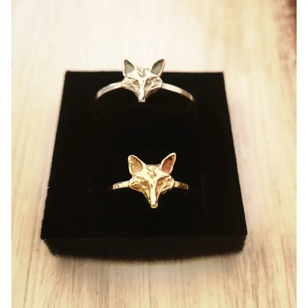 Two handmade fox head rings in silver and gold tone perfect as a nature-inspired silver fox ring gift