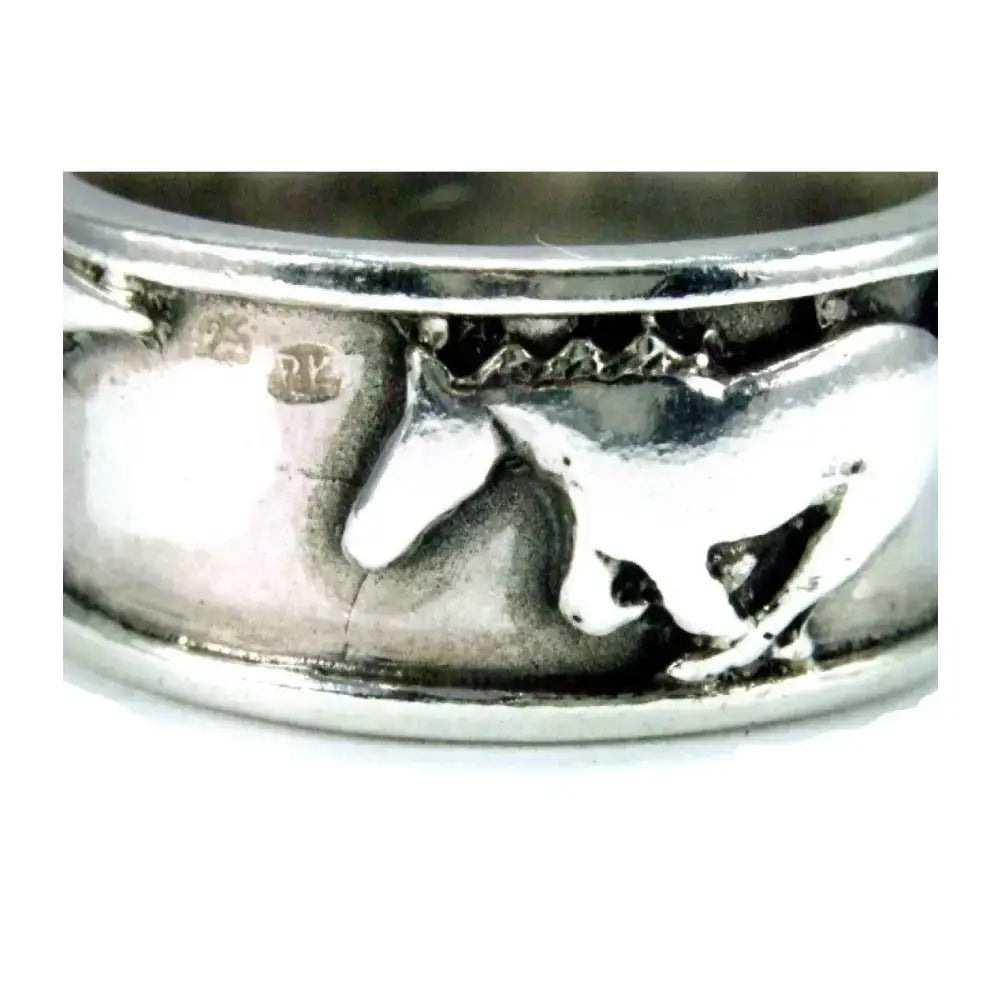 Silver galloping horses band made of sterling silver with detailed raised relief perfect for equestrian lovers