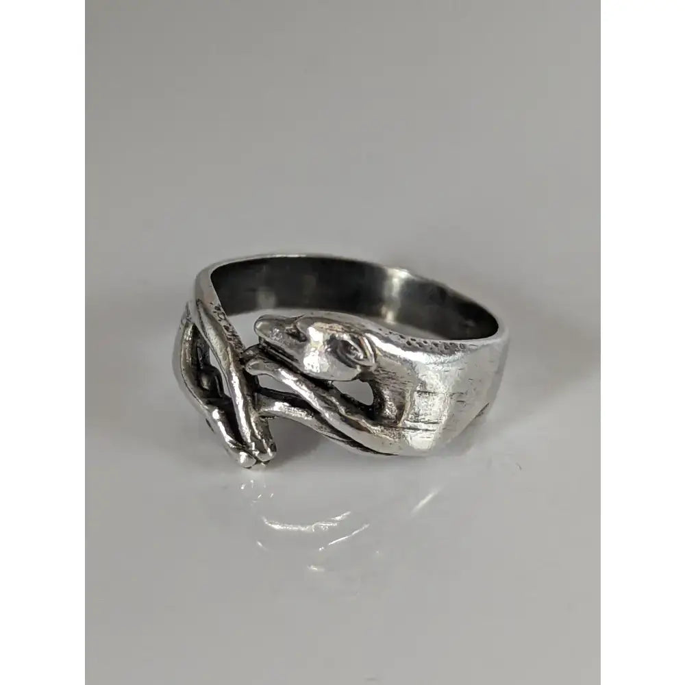 Silver greyhound ring with a handmade elegant textured snake design in sterling silver for dog lovers