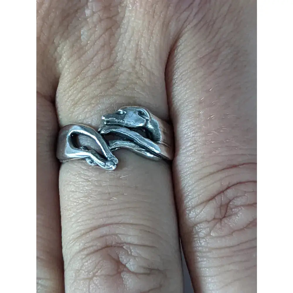 Silver greyhound ring in sterling silver with a handmade elegant dog lovers coiled silver snake design