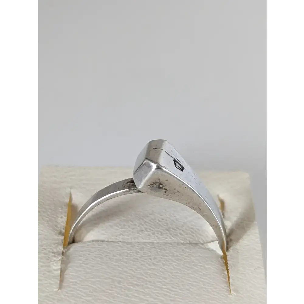 Silver hoof nail ring with geometric angular centerpiece and polished band handmade equestrian gift for him or her