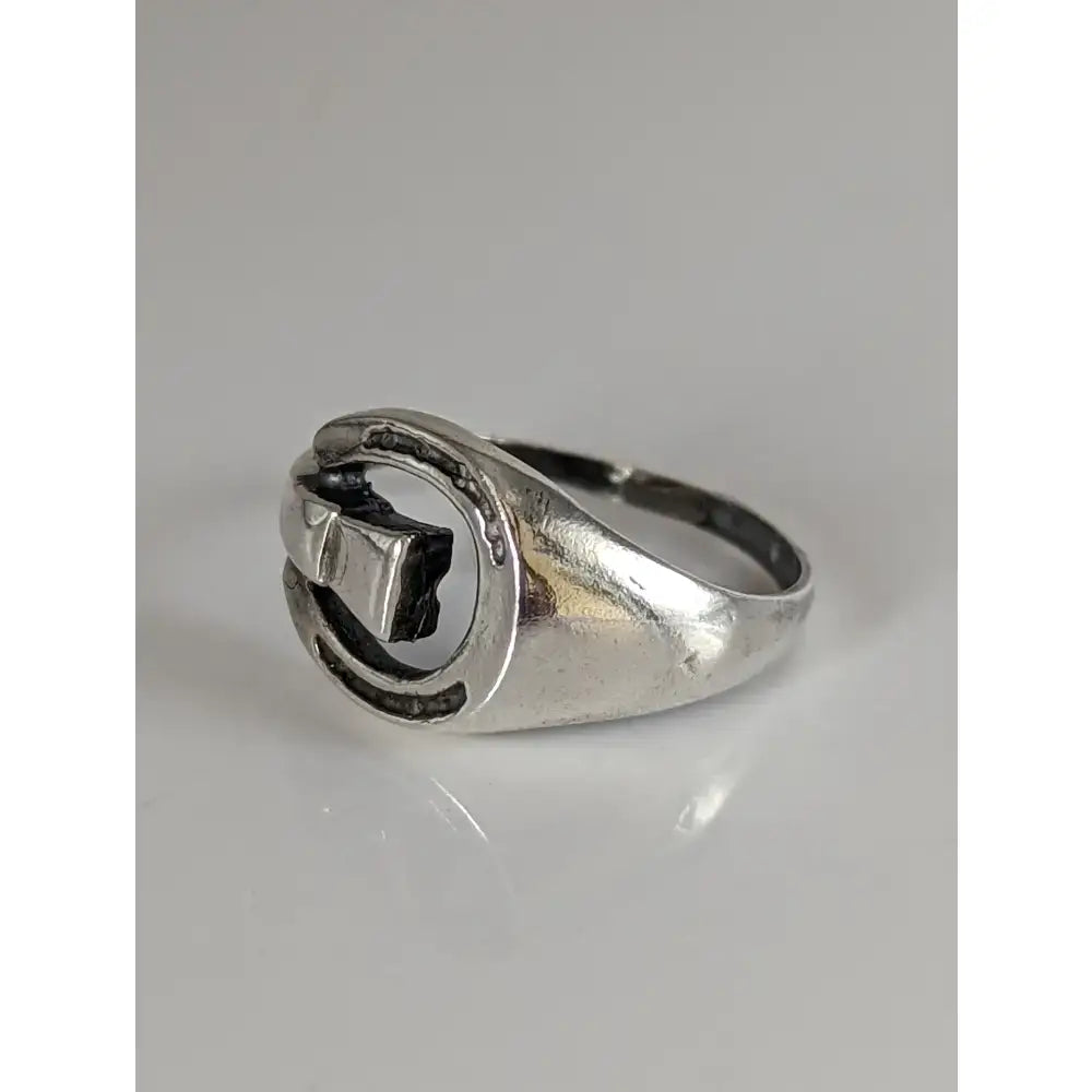 Silver horseshoe ring made of 925 silver with black stone center featuring an equestrian symbol gift for him or her