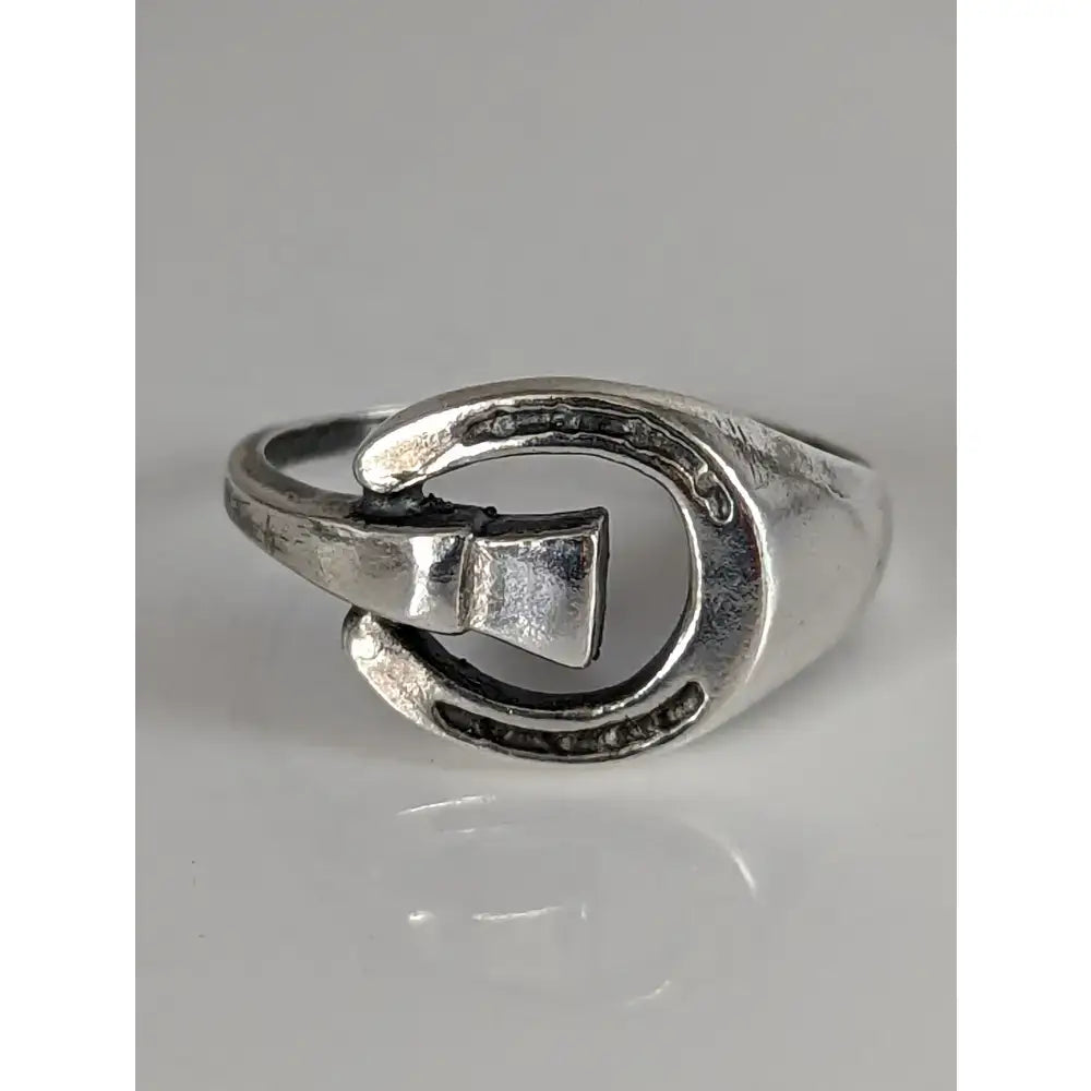 Silver horseshoe ring with a textured hammered finish and buckle design, 925 silver equestrian symbol gift for him or her