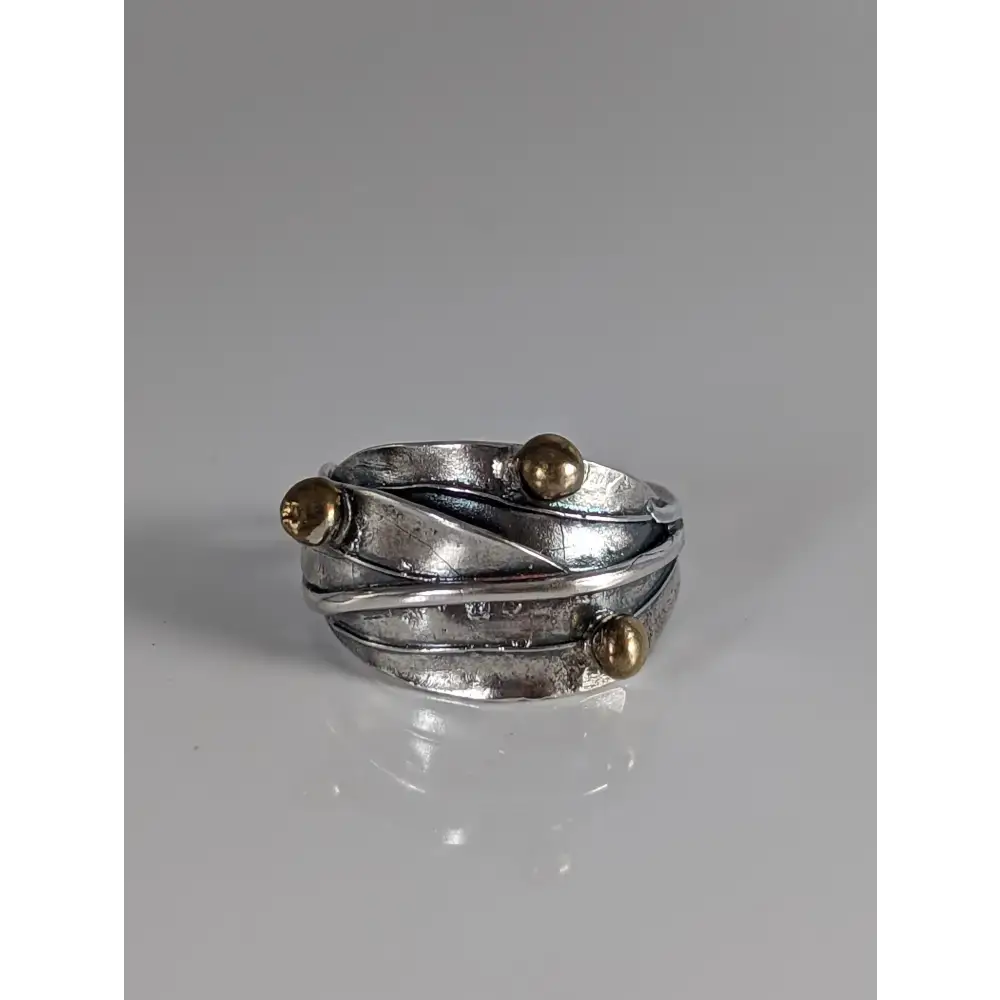 925 Silver Leaves Ring with Brass Buds – Artisan Silver Band Inspired by Nature G Rings