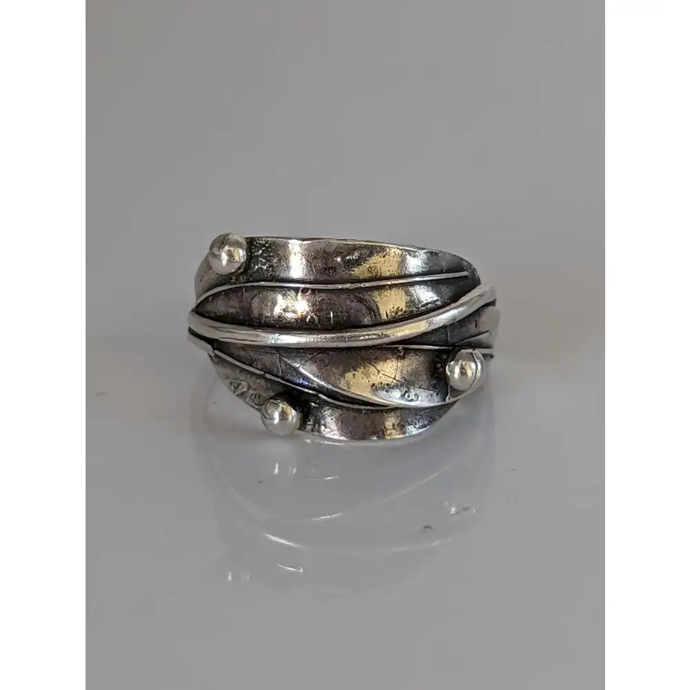 Silver leaves ring with layered textured bands and small silver buds in 925 silver nature-inspired design