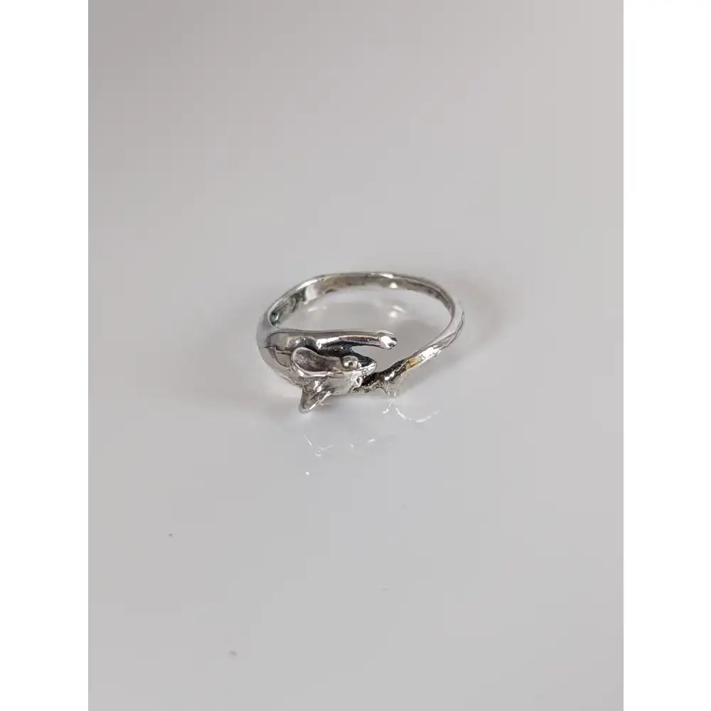 Silver mouse ring in sterling silver with handmade whimsical wrap-around cat design on the band