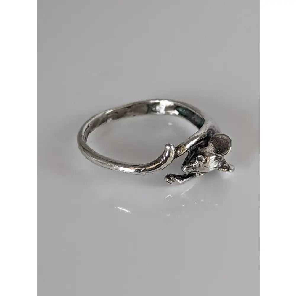 925 silver mouse ring with detailed craftsmanship and textured band in a handmade whimsical wrap-around design