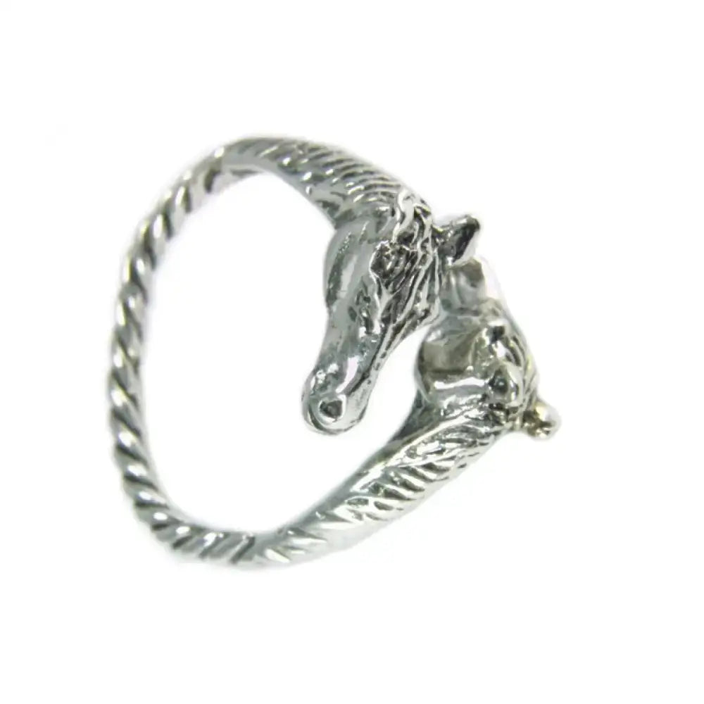 Silver two horse heads ring with twisted rope band design perfect equestrian inspired gift for him or her