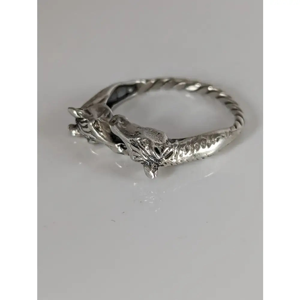 Silver two horse heads ring with twisted band and detailed scales perfect equestrian-inspired gift for him or her