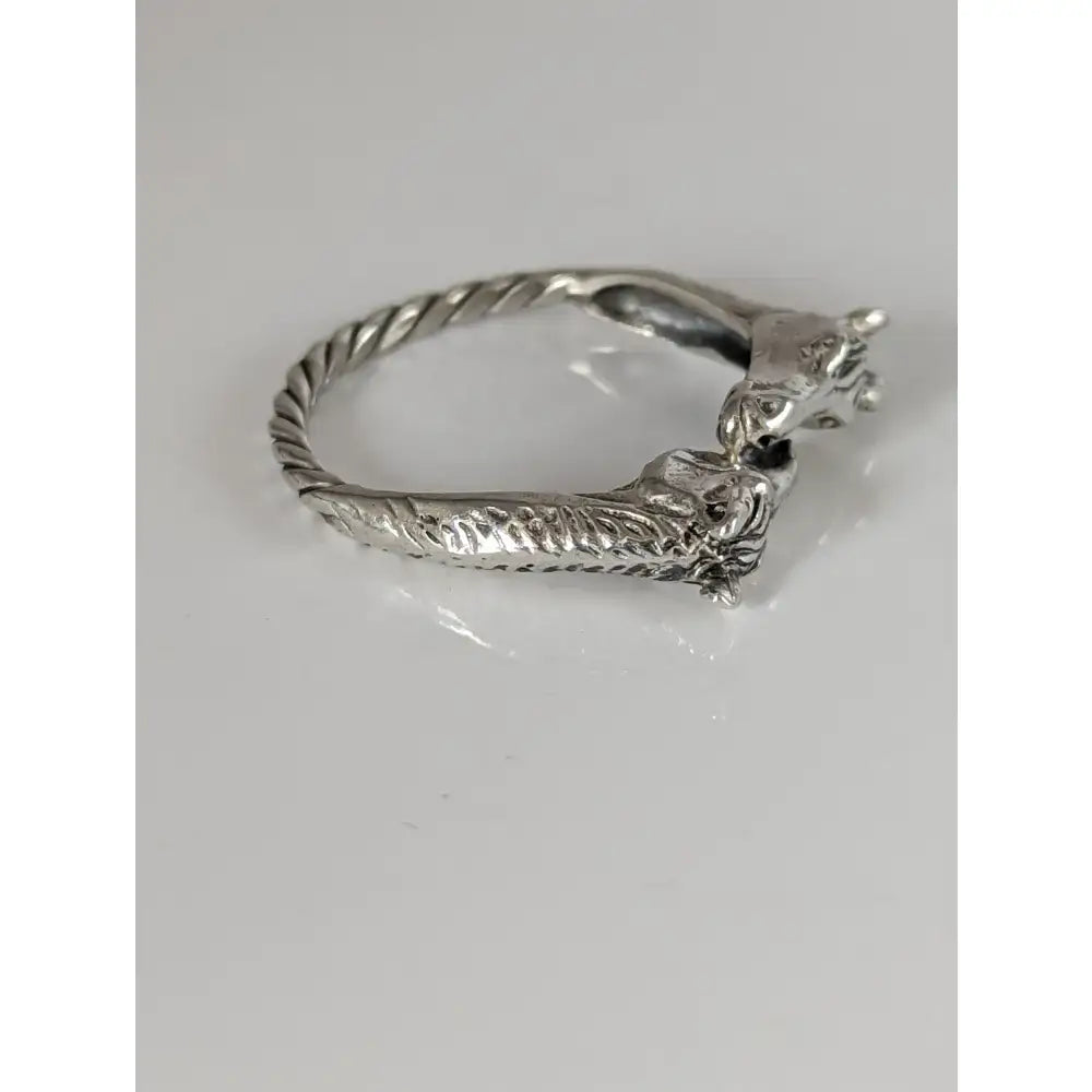 Silver two horse heads ring with twisted rope band and detailed scales perfect equestrian-inspired gift for him or her