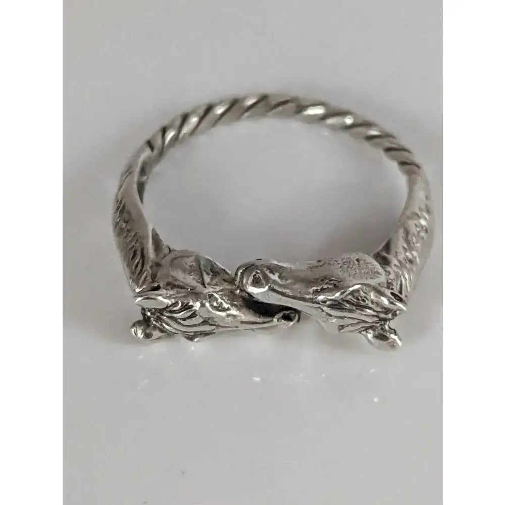Silver two horse heads ring featuring intricate dragon head details for an equestrian-inspired gift for him or her