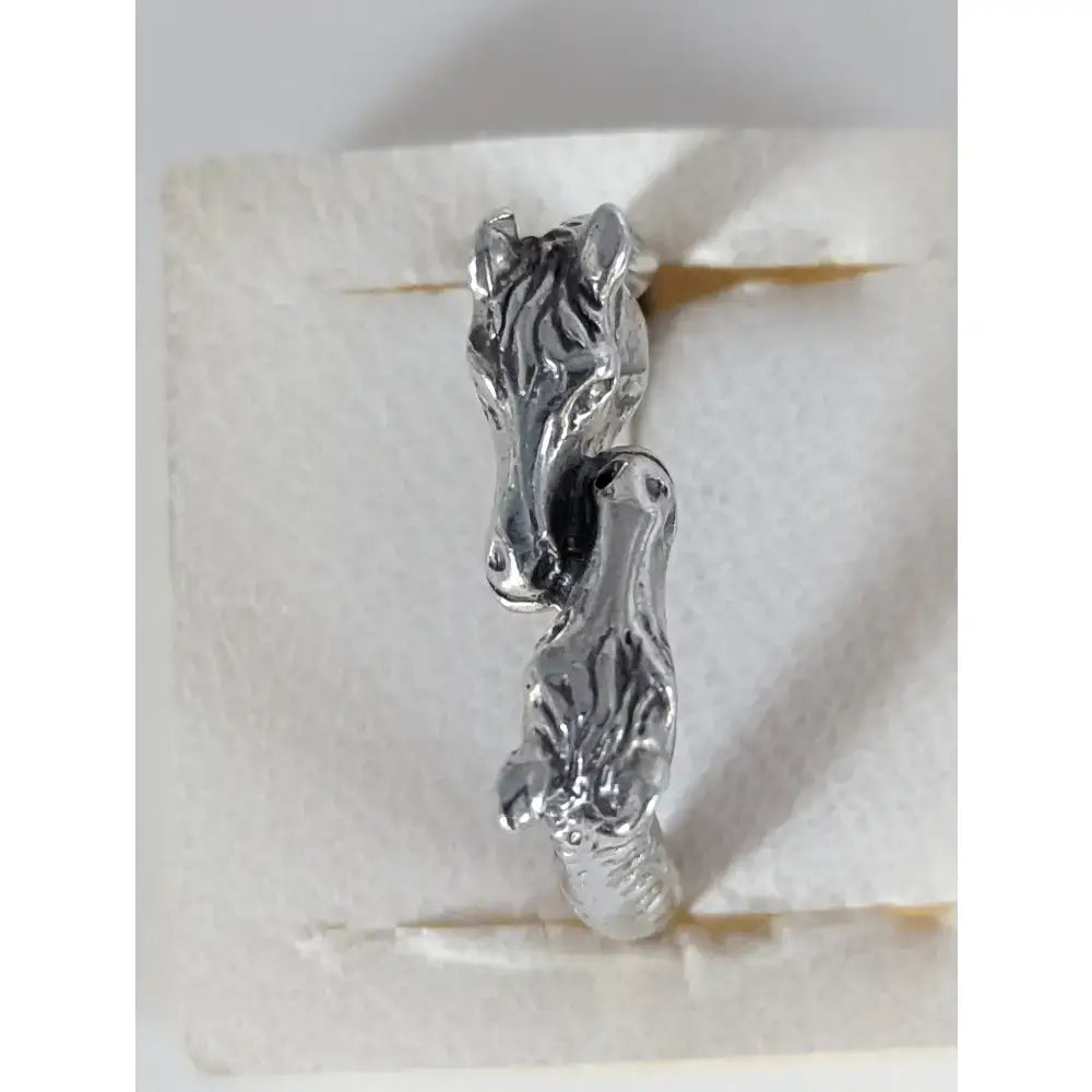 Silver two horse heads ring featuring detailed horse heads with manes in 925 silver for him or her gift