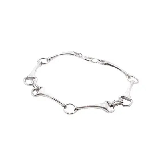 Silver sterling silver snaffle bit bracelet with polished metal links in handmade equestrian jewelry style