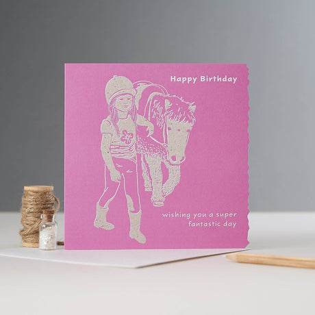 Deckled Edge Colour Block Pony Card Happy Birthday Girl with Pony Gift Cards Barnstaple Equestrian Supplies
