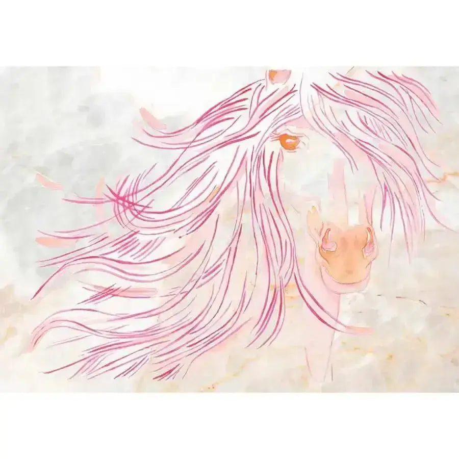 A4 watercolour art prints featuring a delicate horse with flowing pink mane and warm amber eyes prints sunset mare