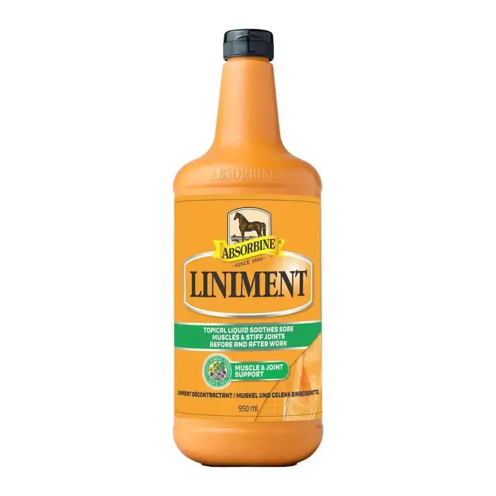 Orange absorbine liniment bottle with black cap features time honoured blend that soothes sore muscles and joints