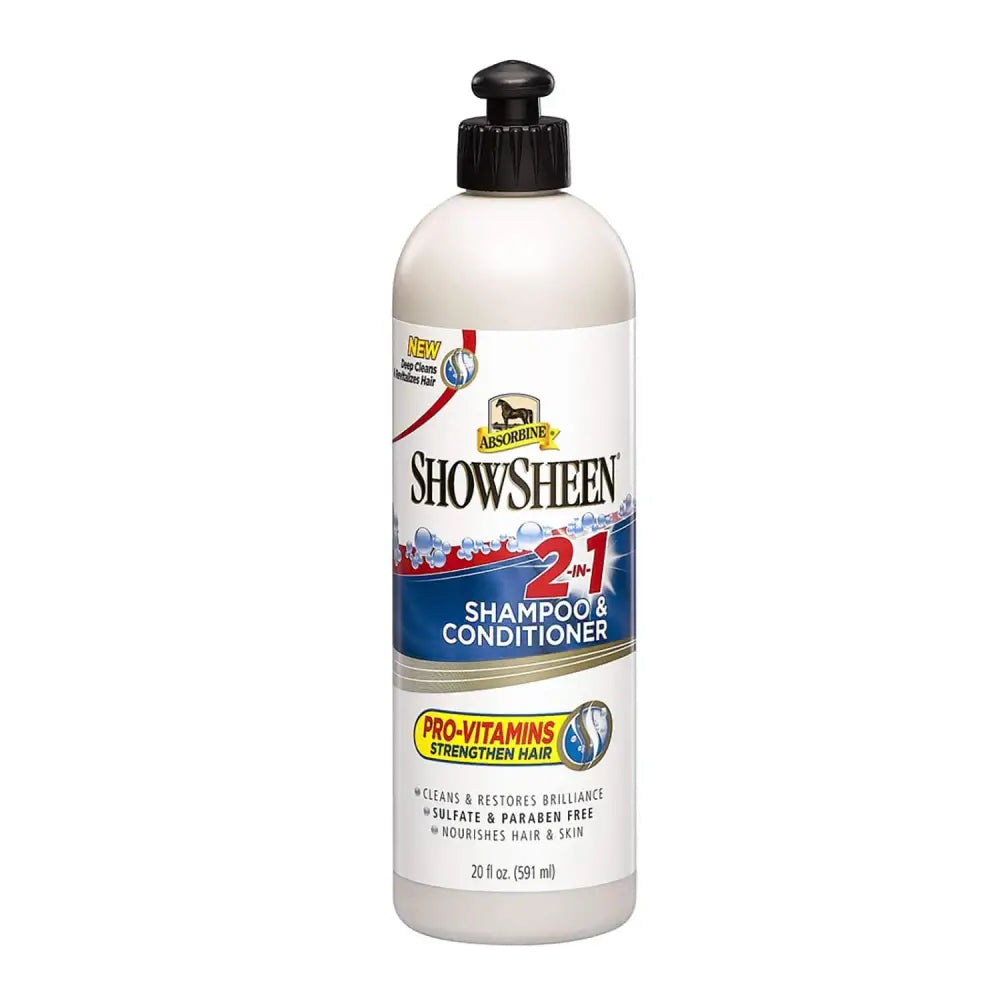 Absorbine showsheen 2-in-1 shampoo & conditioner in a translucent white bottle with black pump dispenser for easy use
