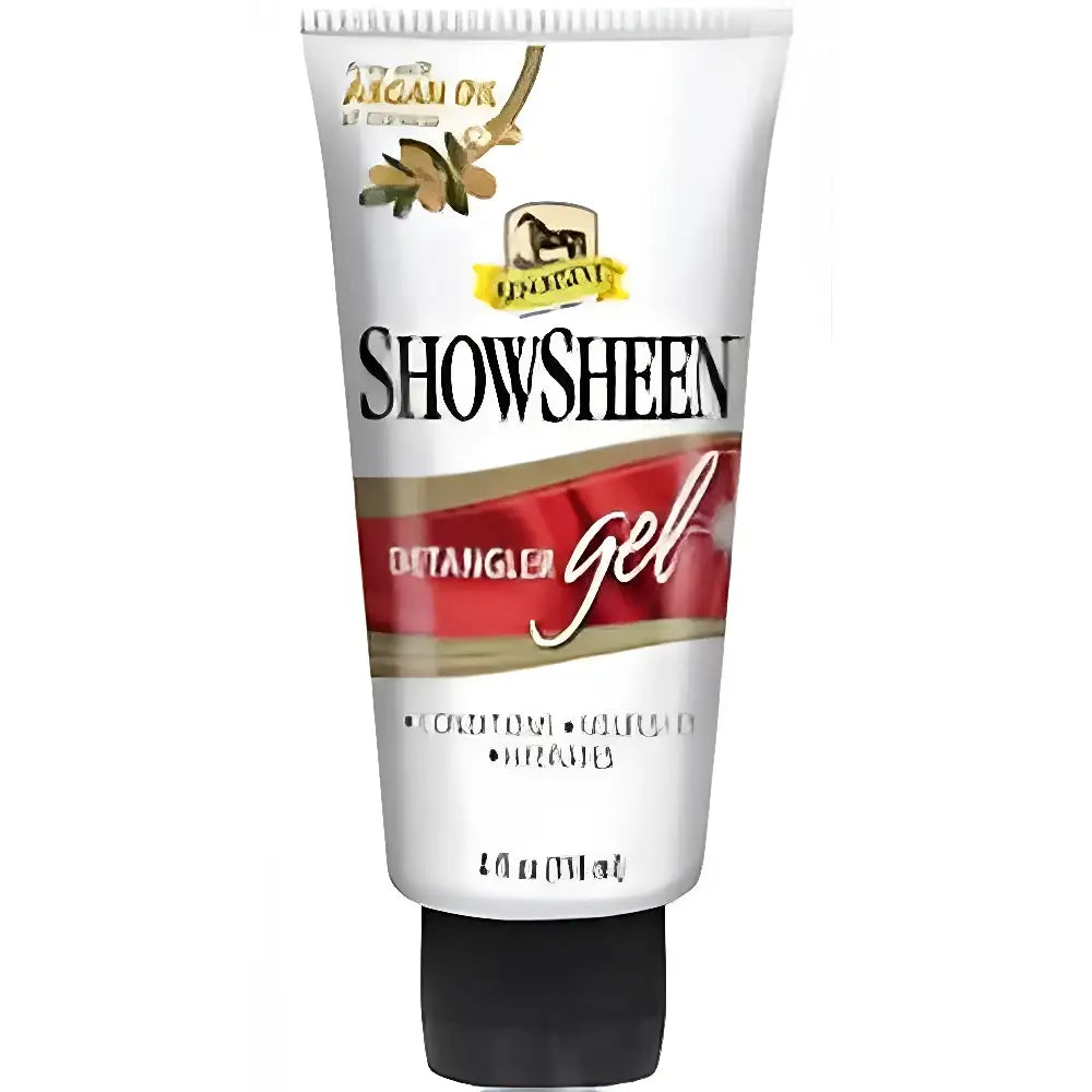 White tube of absorbine showsheen detangler gel with red gold accents and black cap for deep condition manes and tails