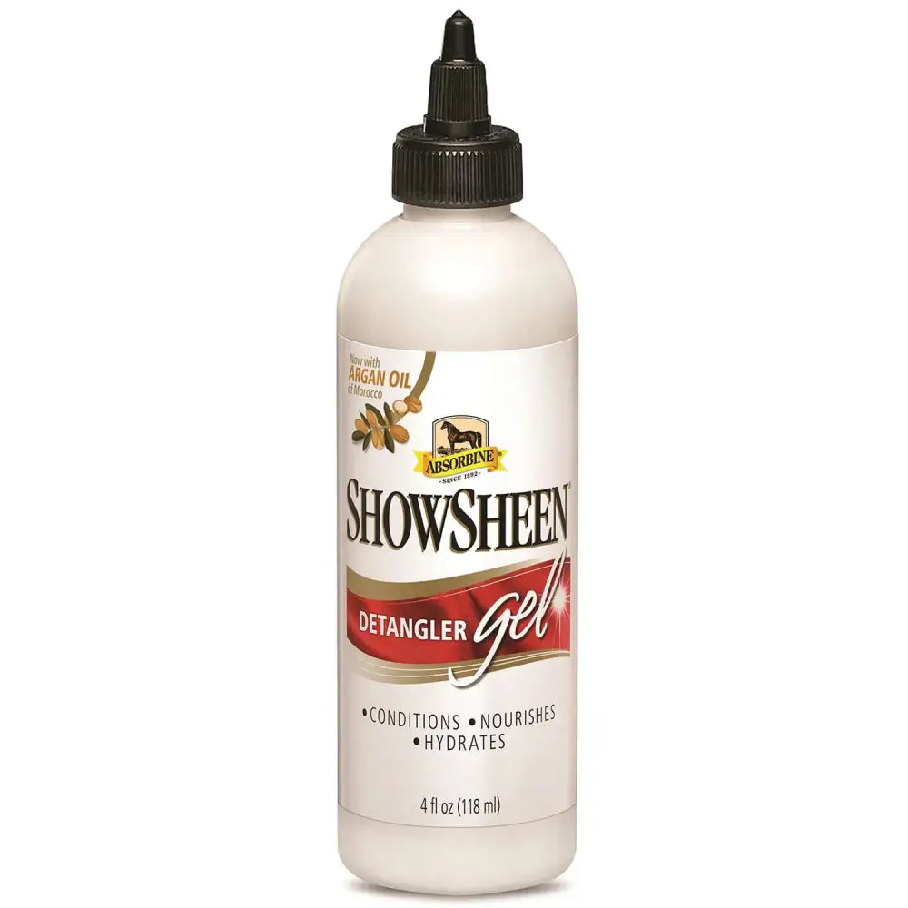 A white plastic bottle with a black cap labeled absorbine showsheen detangler gel for deep condition manes and tails