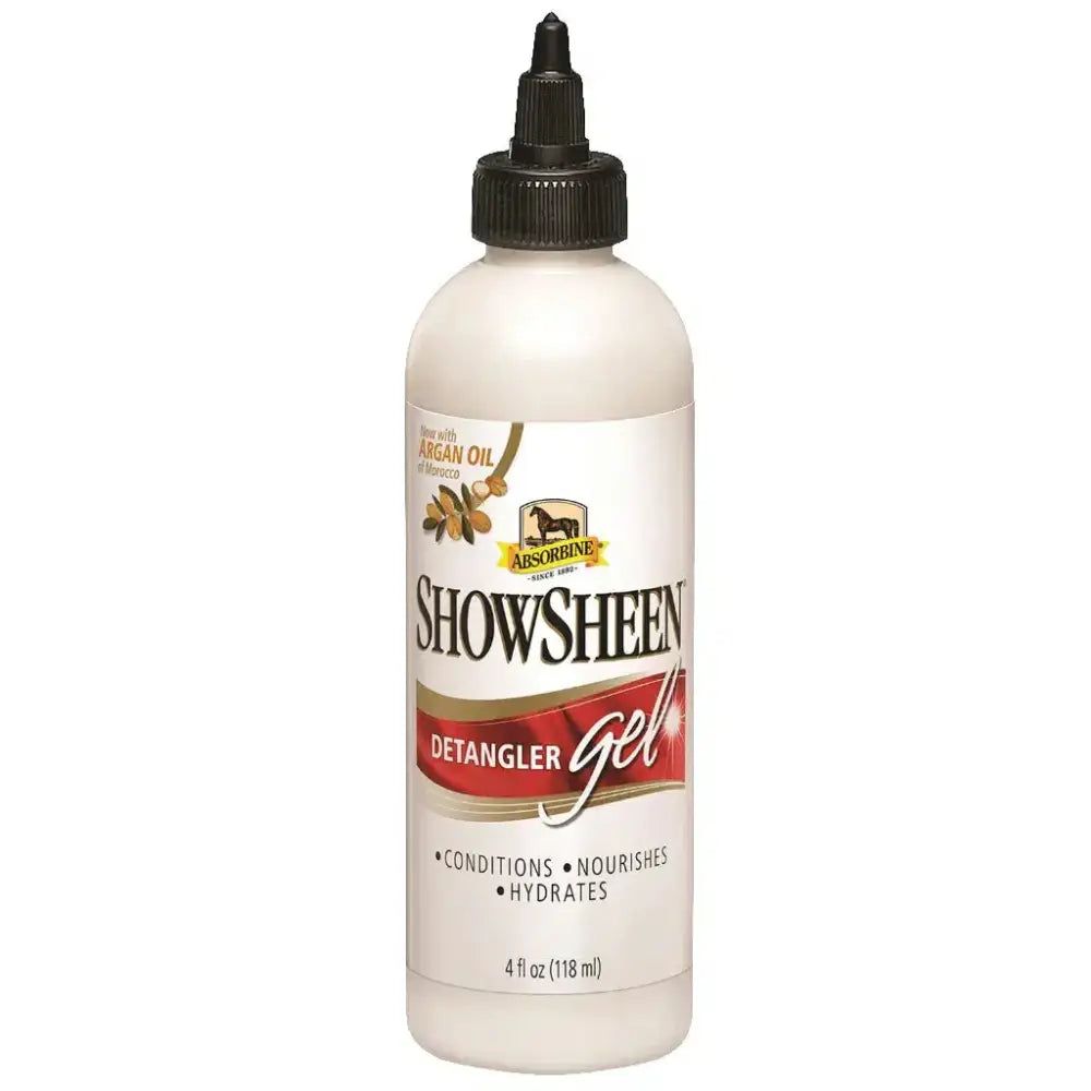 A white plastic bottle with a black cap labeled absorbine showsheen detangler gel for deep condition manes and tails