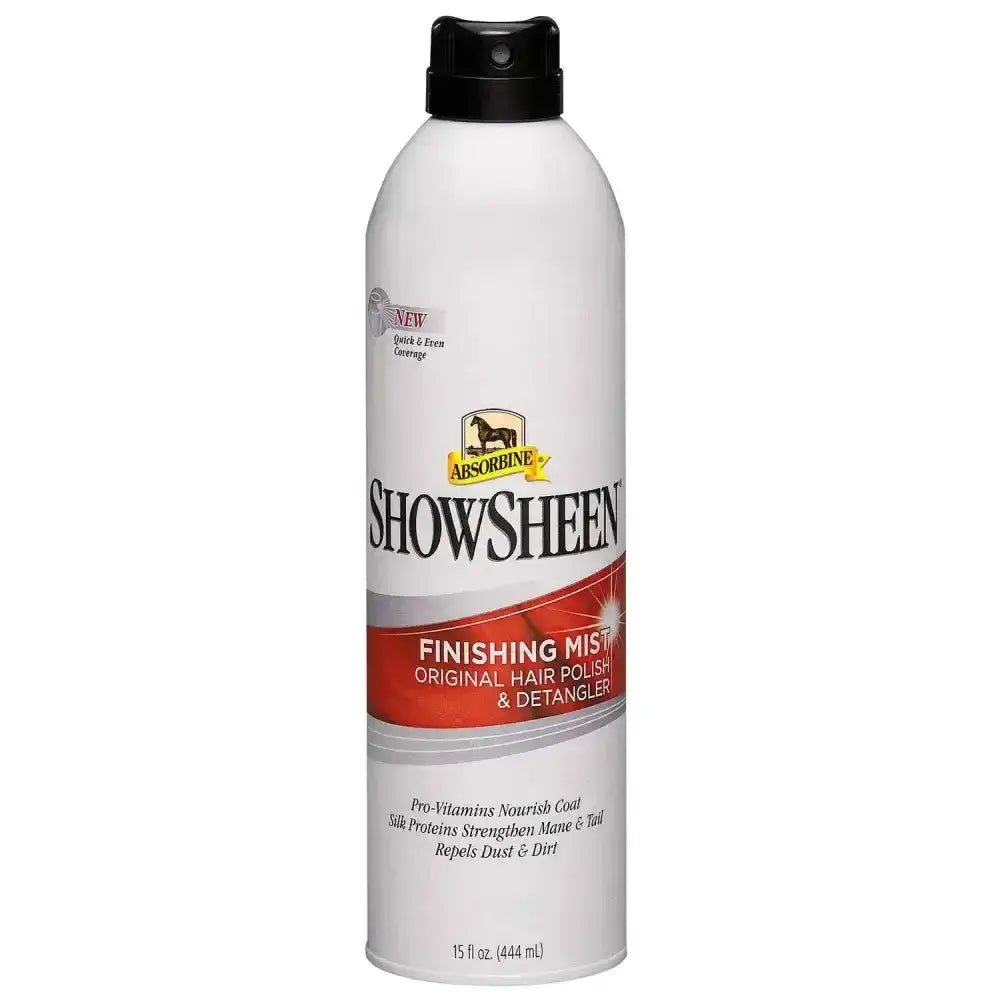 A white aerosol can of absorbine finishing mist hair polish and detangler with a black spray nozzle and red label accents