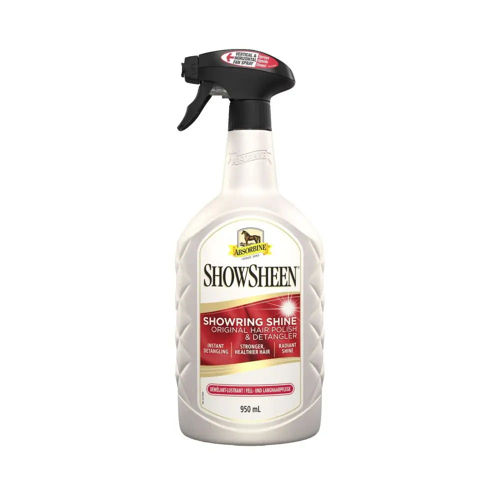 A white textured plastic absorbine showsheen spray bottle with black nozzle and red label showsheen hair polish detangler spray 950ml