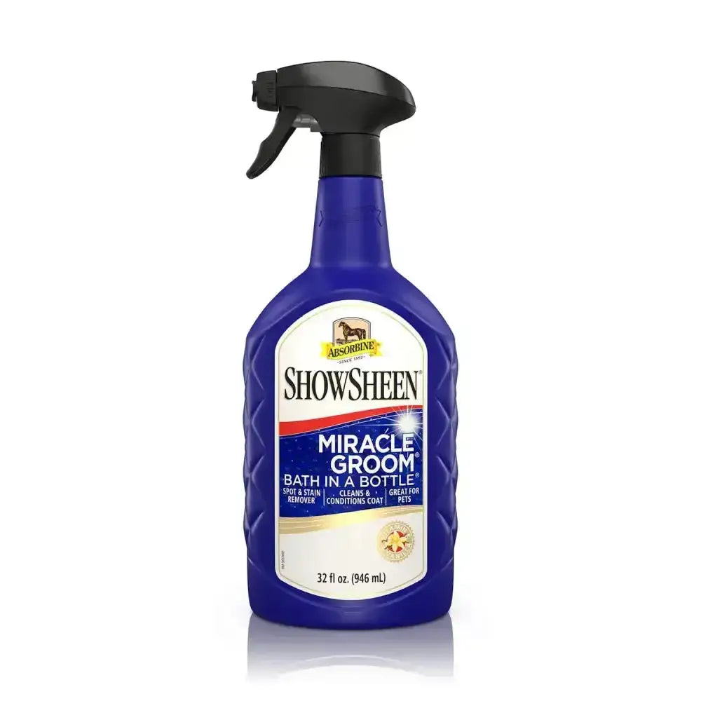 A vibrant blue plastic absorbine showsheen miracle groom spray bottle with black trigger for waterless horse shampoo use