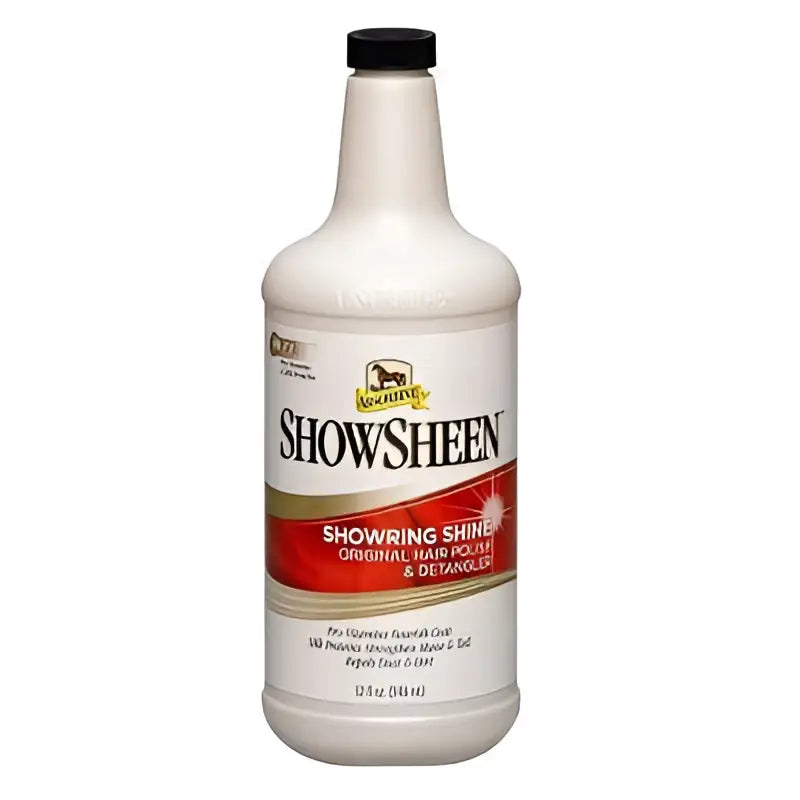 White plastic bottle of absorbine showsheen showring shine refill hair polish and detangler with black cap and red label