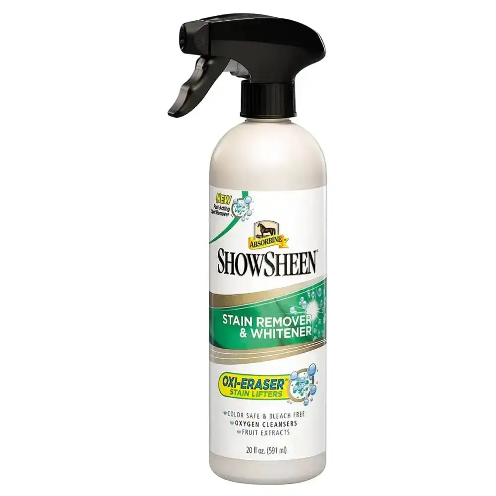 Absorbine showsheen stain remover in clear spray bottle with black nozzle and green label featuring oxygen-based oxi-eraser stain lifters