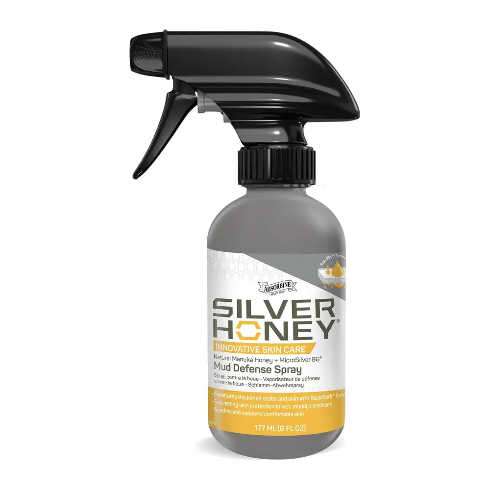 Absorbine silver honey mud defense spray in gray bottle with black trigger and orange label featuring natural manuka honey formula