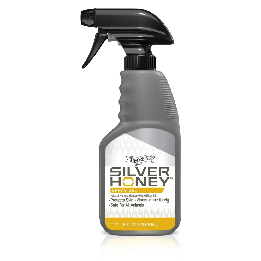 Gray plastic absorbine silver honey spray bottle with black trigger for rapid wound repair using silver honey rapid gel
