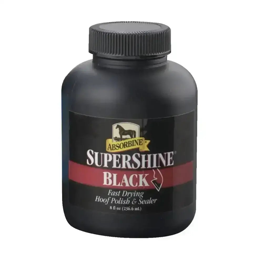 Absorbine supershine hoof polish in a glossy black plastic bottle with ribbed cap america’s best-selling hoof polish