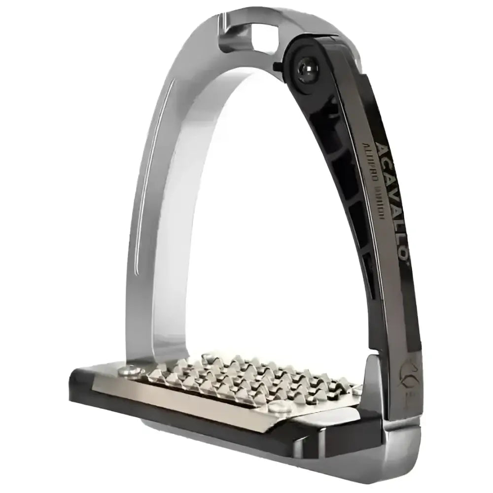 Silver and black acavallo arena junior stirrups with textured diamond pattern footplate for extra grip